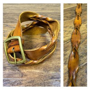 GAP Brown Genuine Leather Braided/Twist Belt Antique Brass Buckle, Sz L